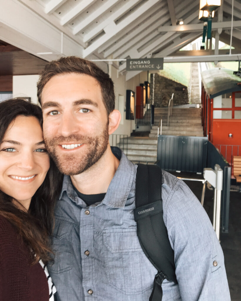 Amy and Kevin about to get on the funicular ride to Burgenstock Hotel & Spa.