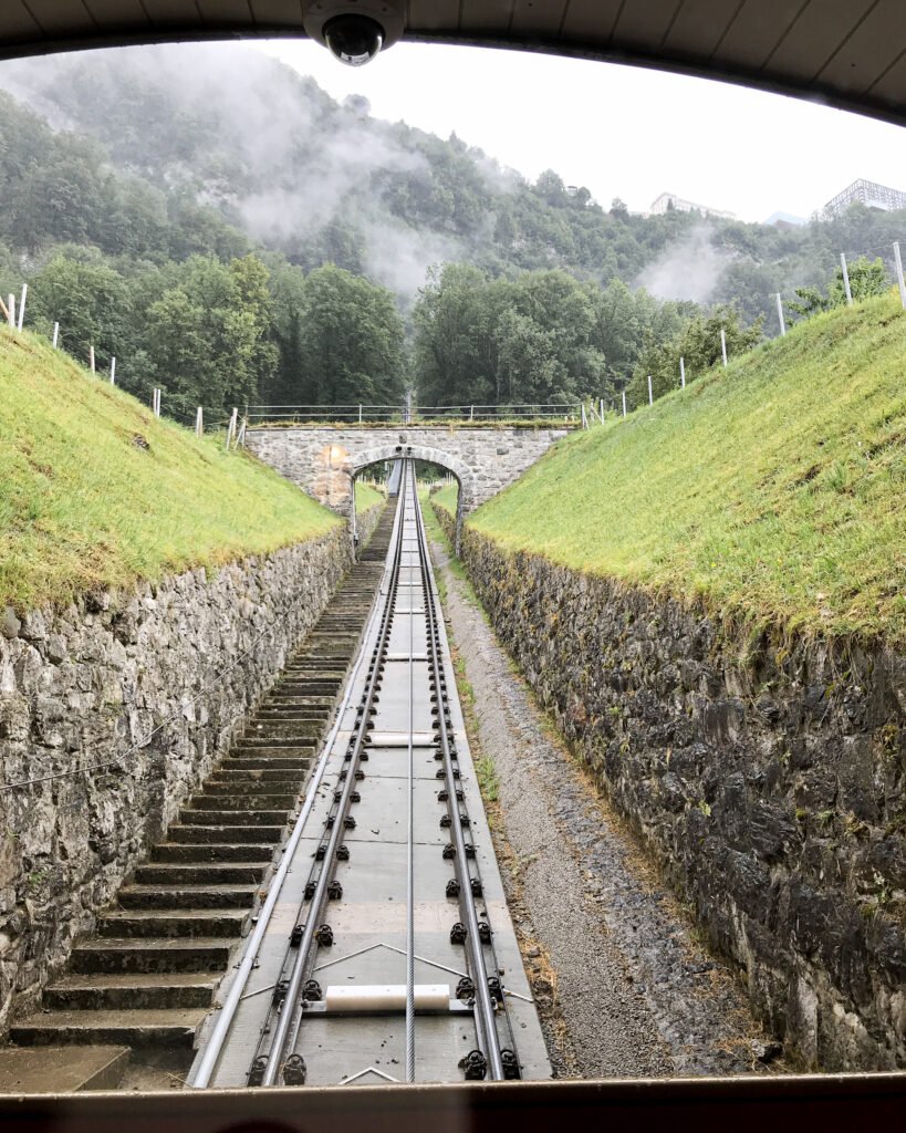 View from the funicular ride to the top of the mountain headed to Burgenstock Hotel & Alpine Spa.