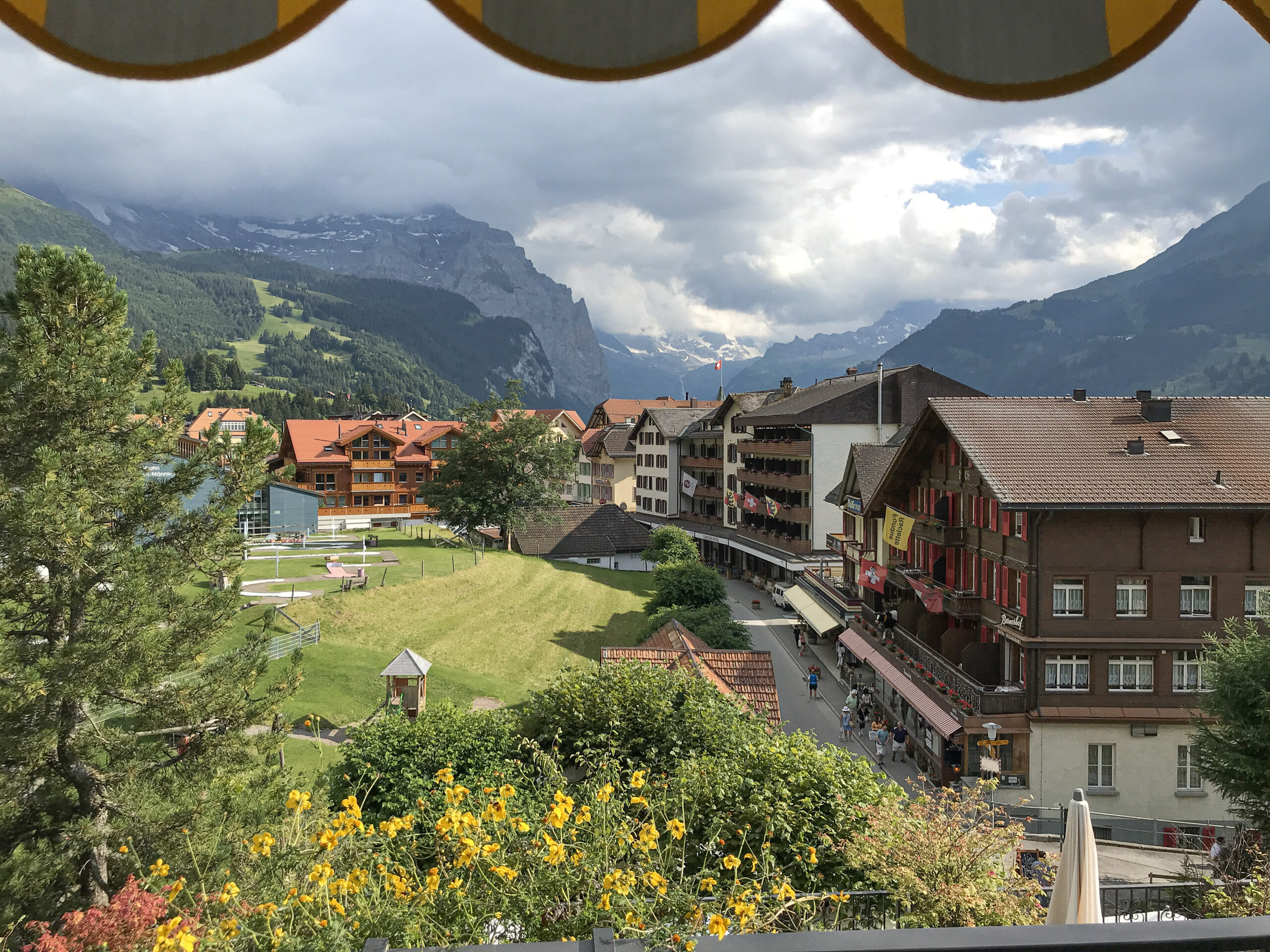 View of the Swiss Alps from our balcony at the Hotel Schonegg in Wengen Switzerland.