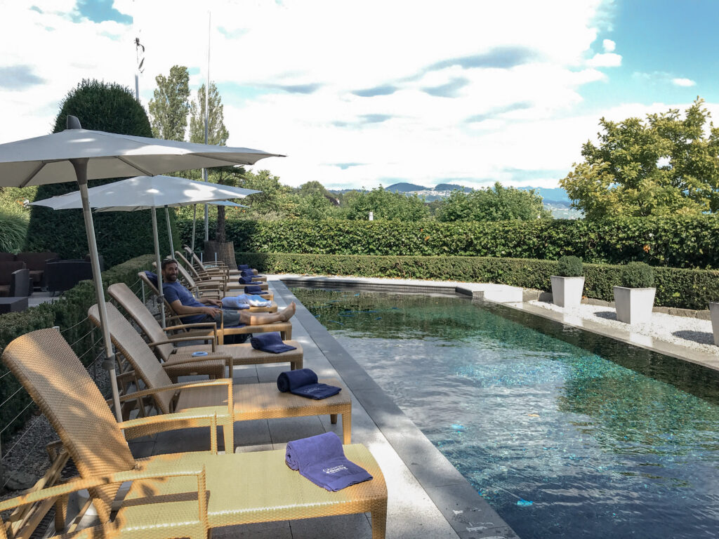 Sitting at the quiet and private pool at Chateau D'Ouchy for a mid-day break.