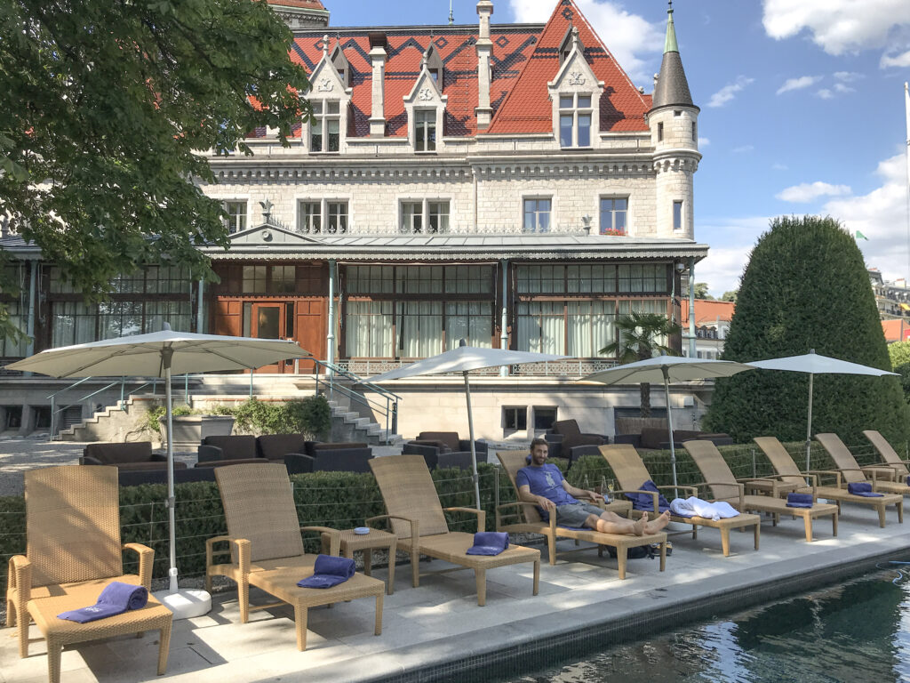 View from the pool at the Chateau D'Ouchy in Lausanne Switzerland.