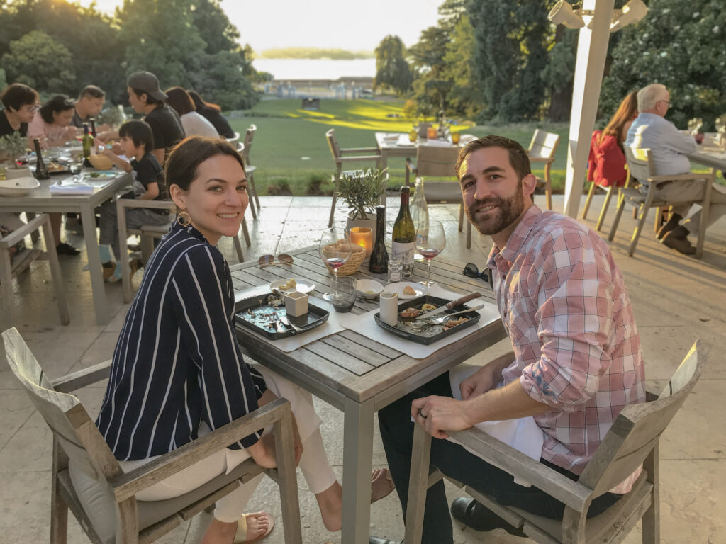 Amy & Kevin enjoying our last dinner in Switzerland, overlooking Lake Geneva at Hotel du Parc des Eaux-Vives.