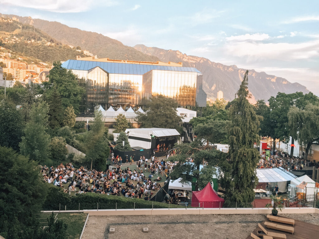 Taking in the Montreaux Jazz Festival from our hotel balcony.