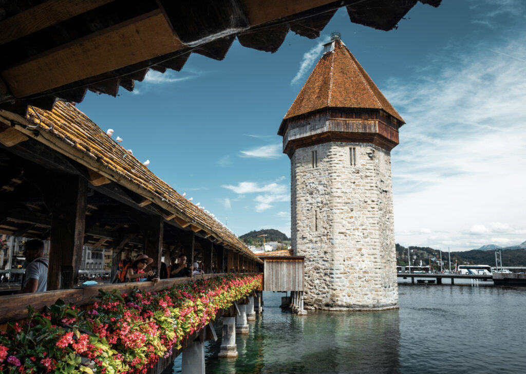 views of the chapel bridge in Lucerne Switzerland.