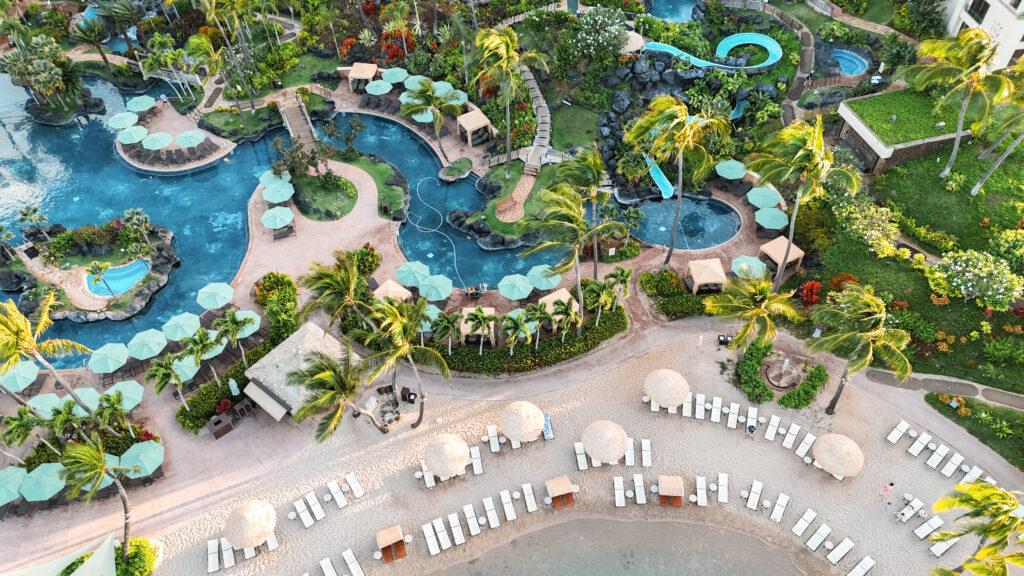 The Grand Hyatt Resort & Spa in Kauai is stunning. Situated on the beach with several pools plus awaterslide, this 5-Star hotel can be booked for free using credit card rewards! 