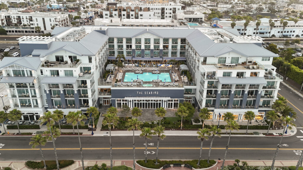 Aerial view of The Seabird Resort in Oceanside, CA. Photo by Kevin Schadt
