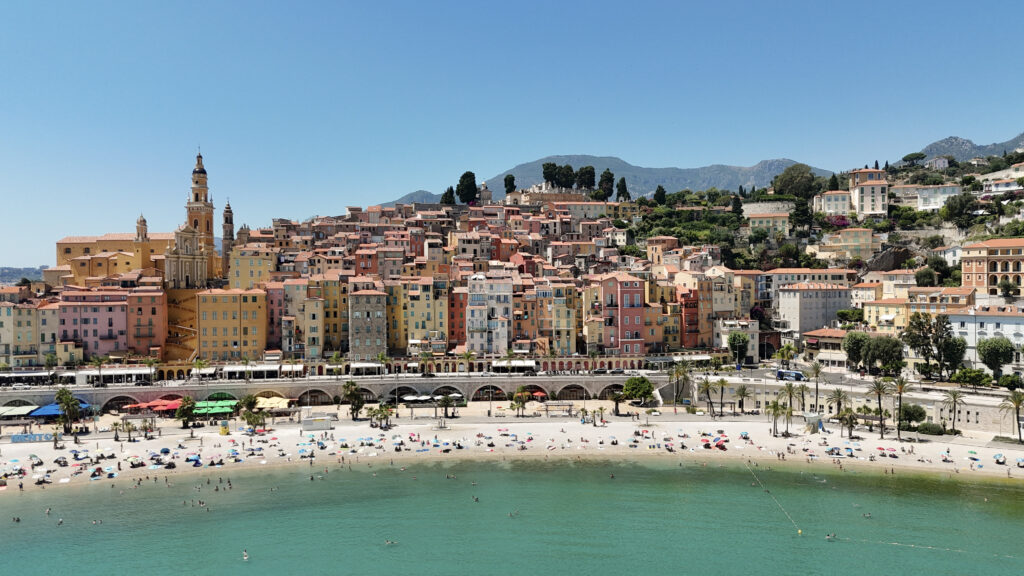 colorful aerial image of old town Menton in the Côte d'Azur, France.