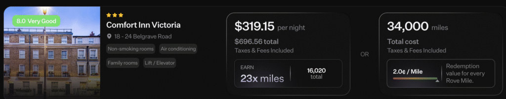 Hotel search results in Rove Miles showing how to use Rove Miles to earn bonus miles on a family hotel room in London.