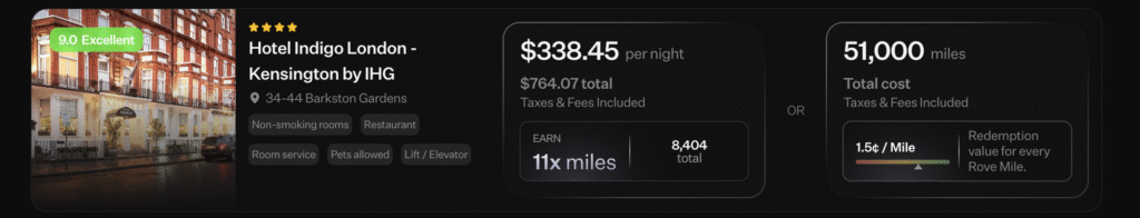 Hotel search results in Rove Miles showing how to use Rove Miles to earn bonus miles on a family hotel room in London.