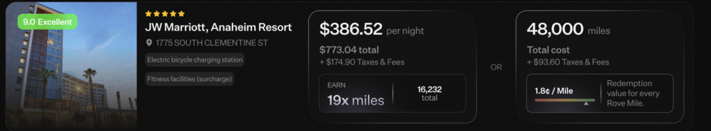 Example of how to use Rove Miles to book a JW Marriott near Disneyland and earn extra miles.